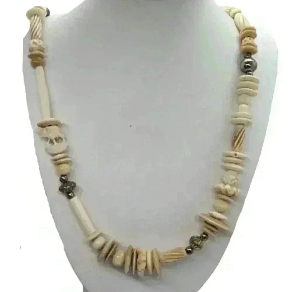 Vintage Hand Carved Elephant Necklace Bovine Bone Lucite Silver Beads Roses